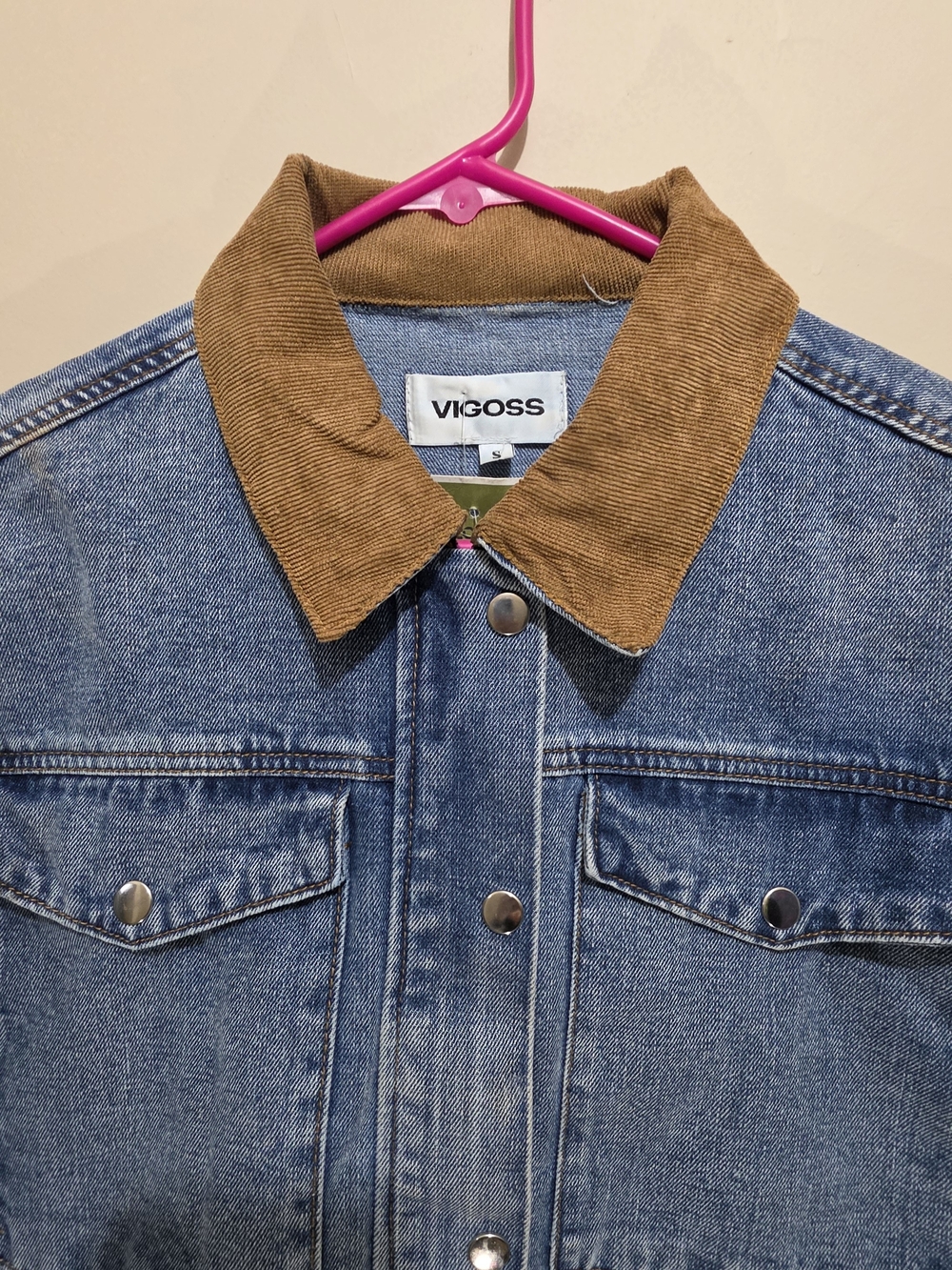 VIGOSS Cropped Denim Jacket Small Corduroy Collar Snap Front Blue - Picture 2 of 13